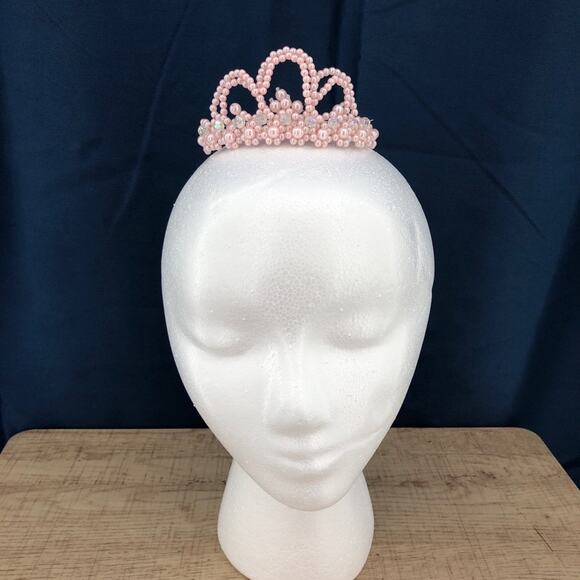 American VINTAGE 90's Handmade Mini Tiara Beaded with Pearl Pink Crystal Beads - Picture 2 of 4